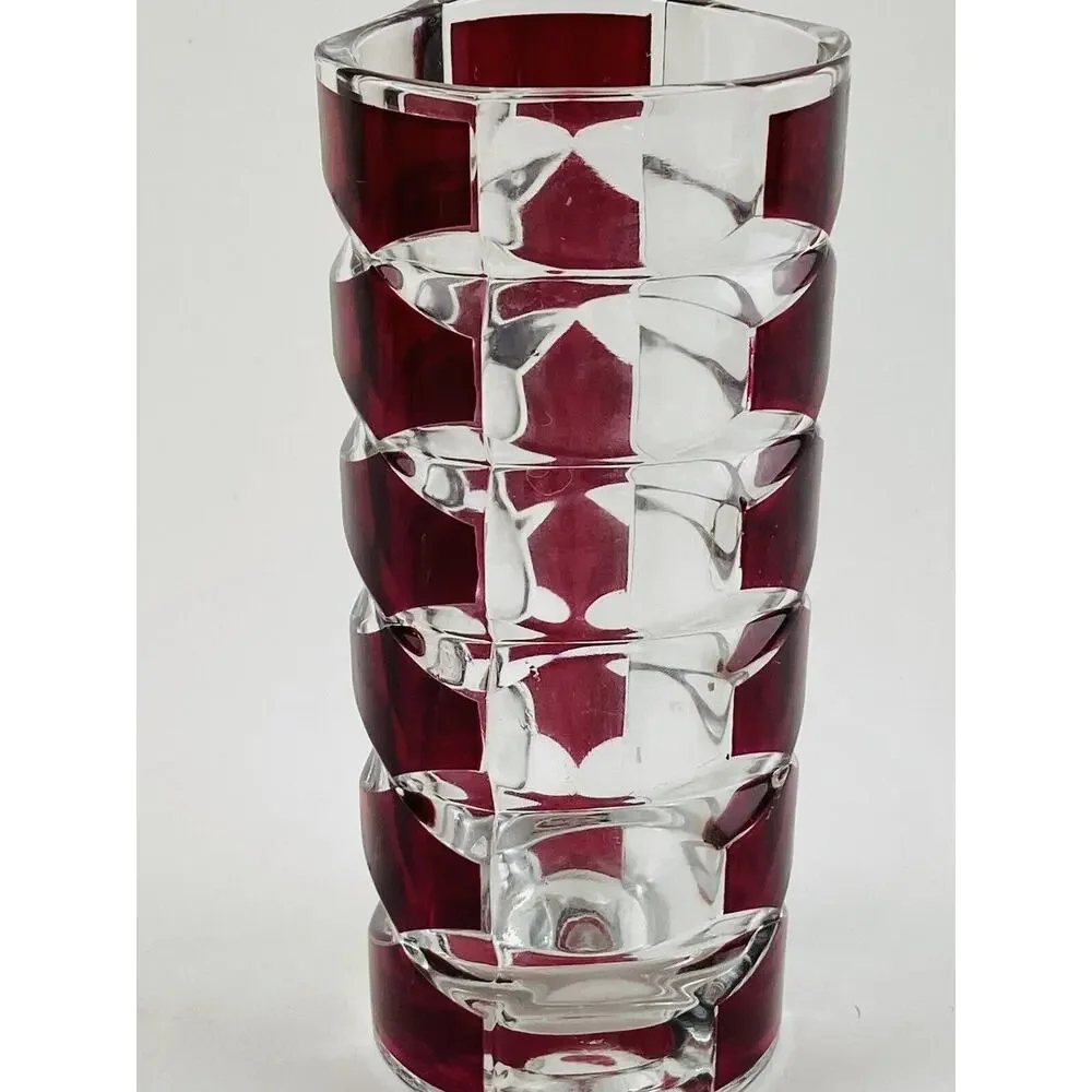Vtg MCM Triangle Art Glass Vase Windsor Rubis Cranberry Faceted JG Durand France